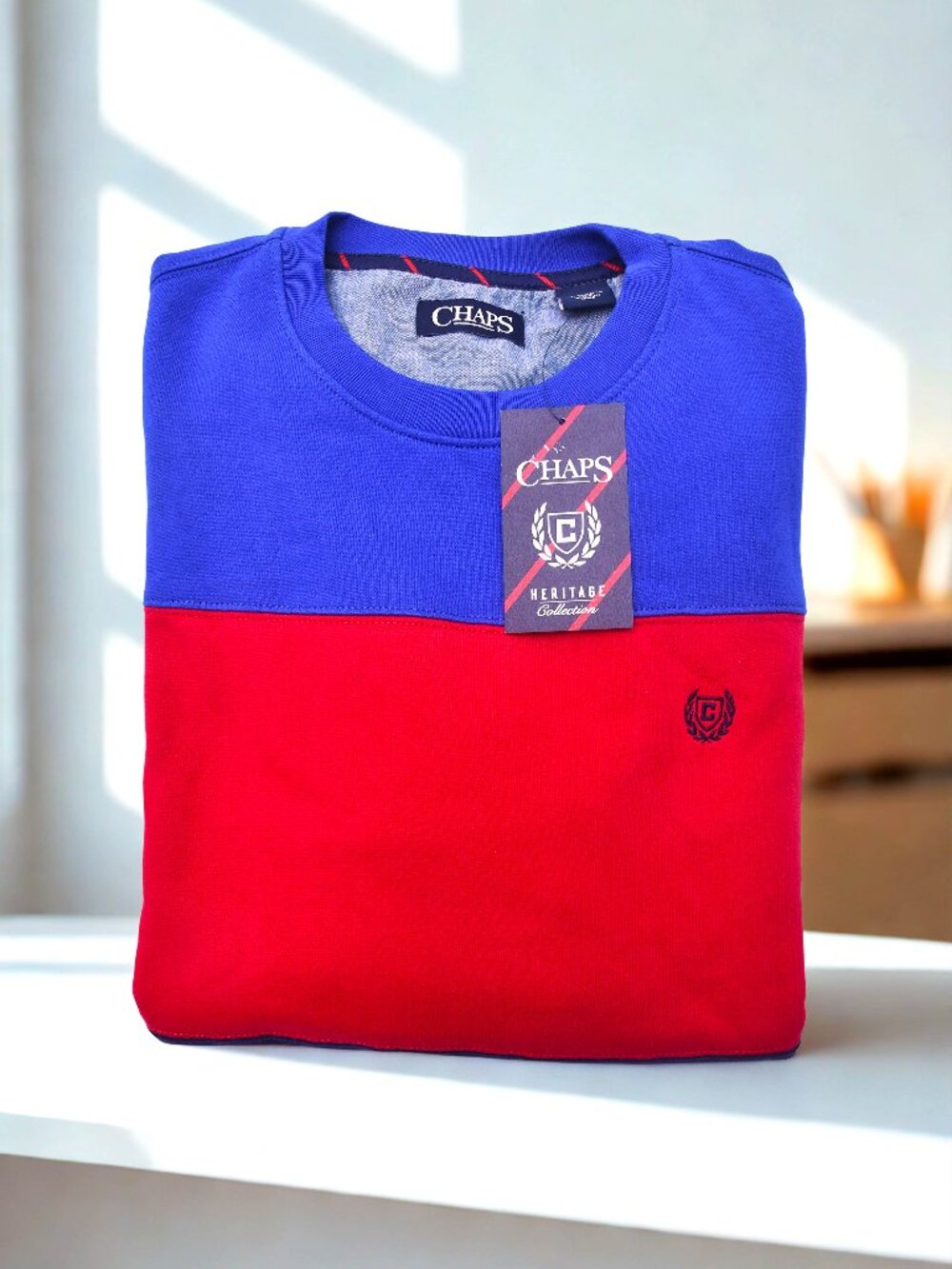 NWT CHAPS Heritage Collection Sweatshirt Mens Medium Blue Red Colorblock Crew Ne
